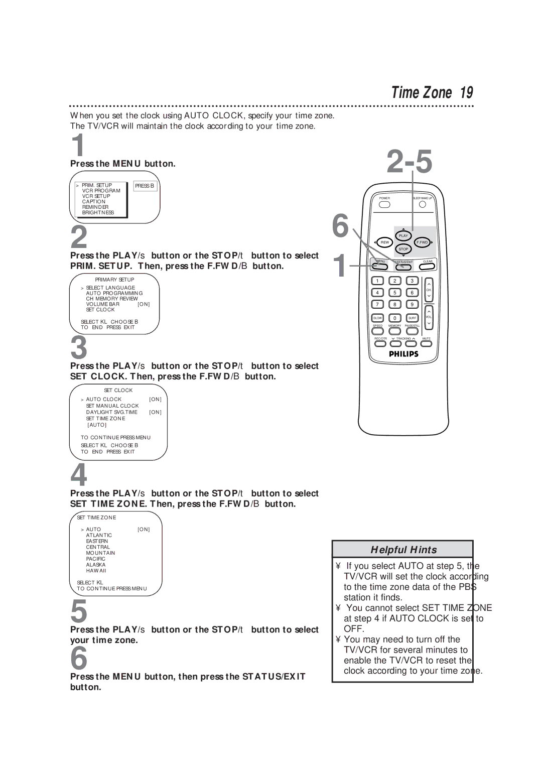 Magnavox CCB193AT owner manual Time Zone 