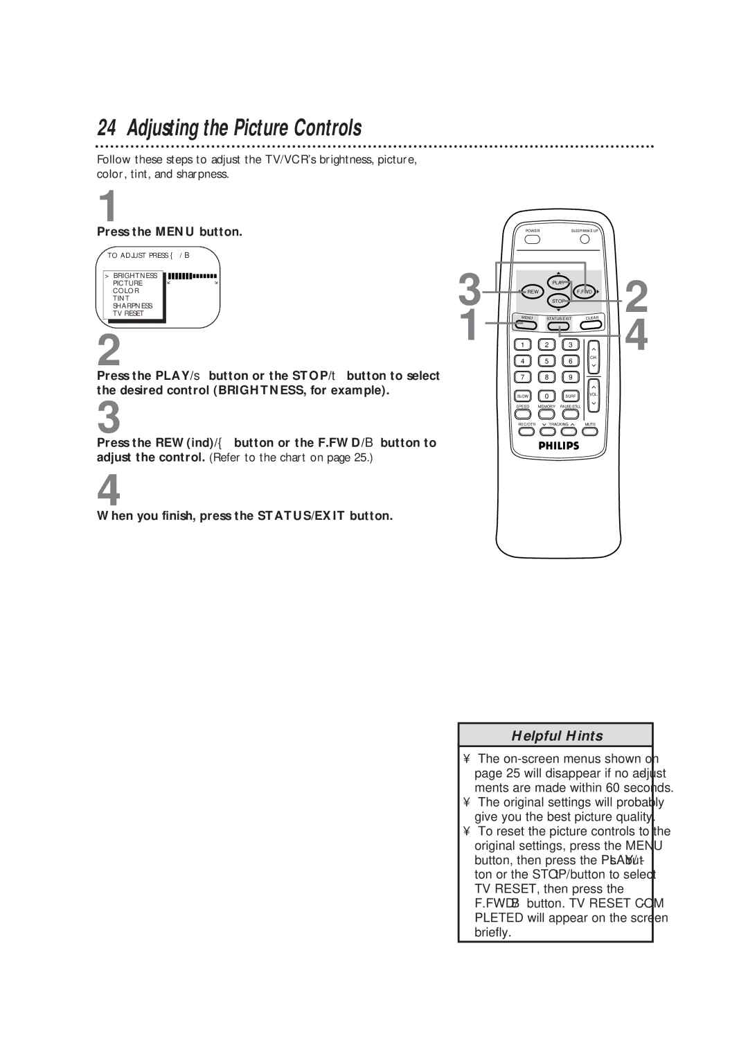 Magnavox CCB193AT owner manual Adjusting the Picture Controls, Press the Menu button 