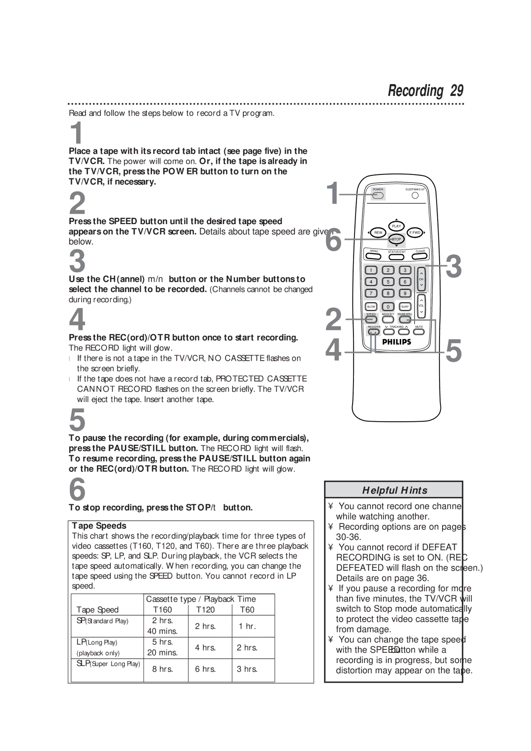 Magnavox CCB193AT owner manual Recording, To stop recording, press the STOP/ button Tape Speeds 