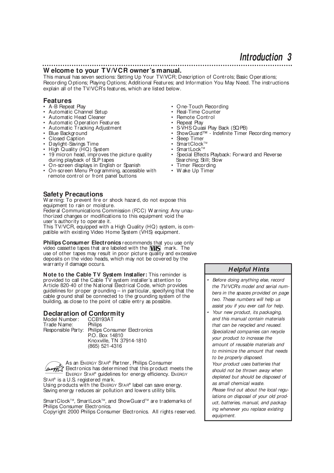 Magnavox CCB193AT owner manual Introduction, Features, Safety Precautions, Declaration of Conformity 