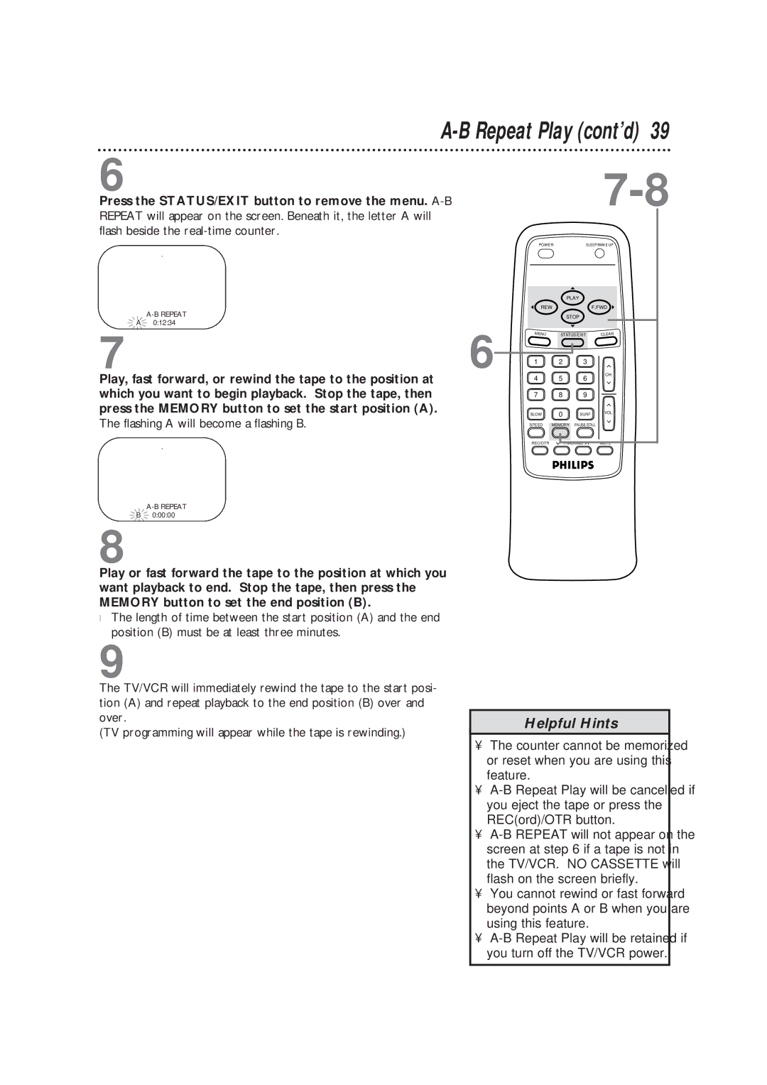 Magnavox CCB193AT owner manual Repeat Play cont’d, Press the STATUS/EXIT button to remove the menu. A-B 