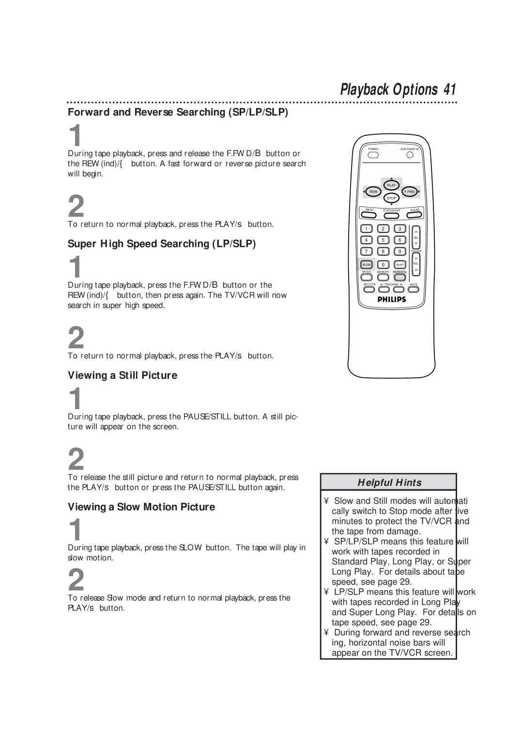 Magnavox CCB193AT owner manual Playback Options, Forward and Reverse Searching SP/LP/SLP, Super High Speed Searching LP/SLP 