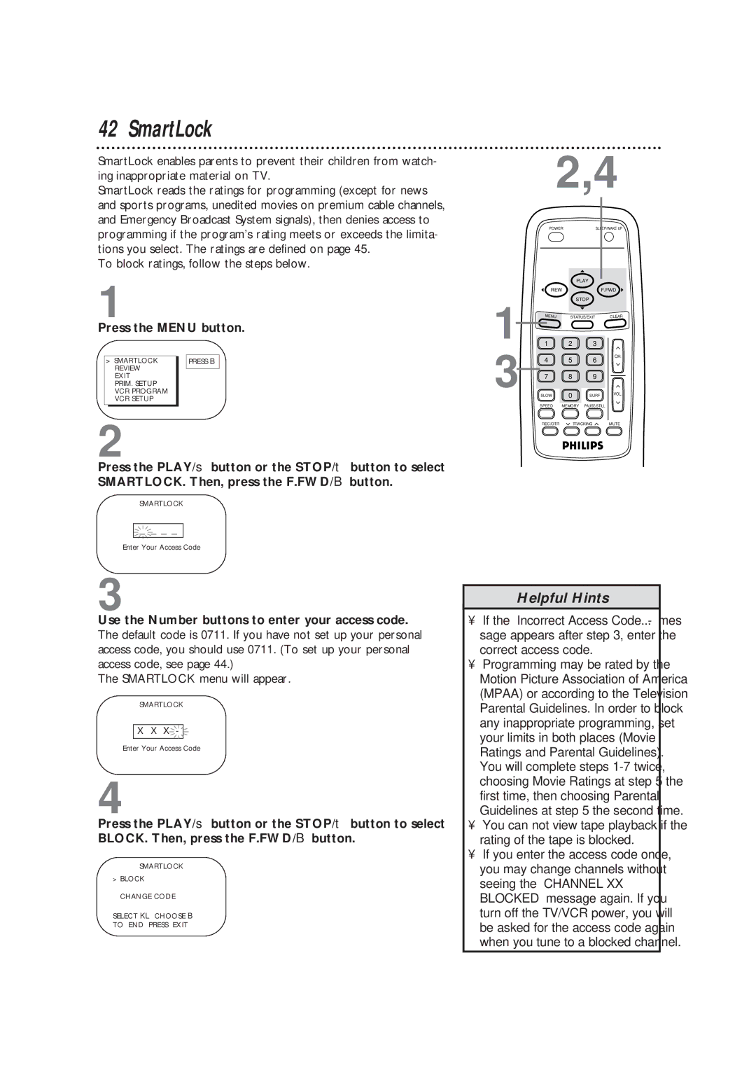 Magnavox CCB193AT owner manual SmartLock, Enter Your Access Code 