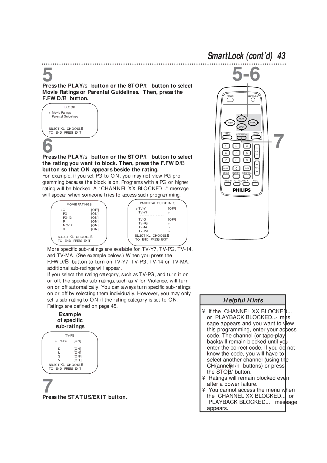 Magnavox CCB193AT owner manual SmartLock cont’d, Example Specific Sub-ratings 