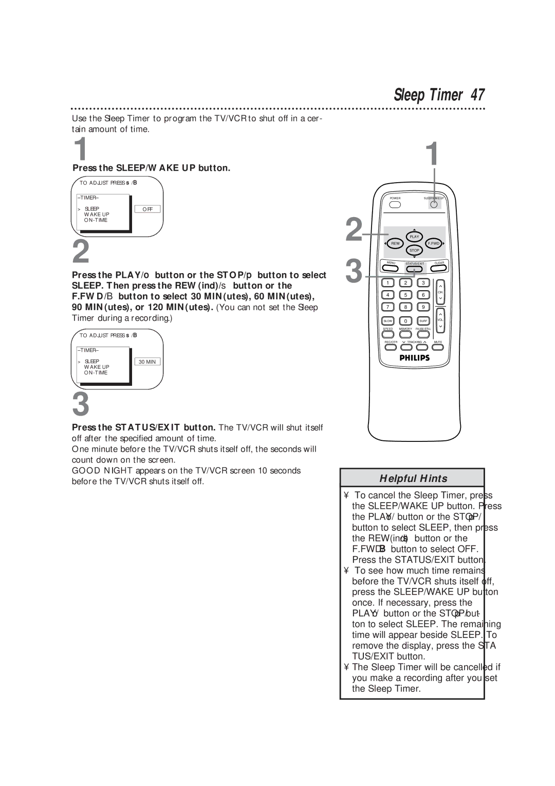 Magnavox CCB193AT owner manual Sleep Timer, Press the SLEEP/WAKE UP button 