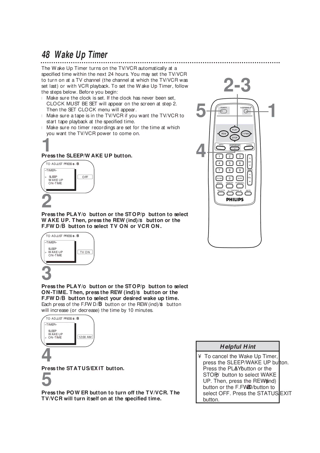 Magnavox CCB193AT owner manual Wake Up Timer, Timer Sleep Wake UP TV on ON-TIME 