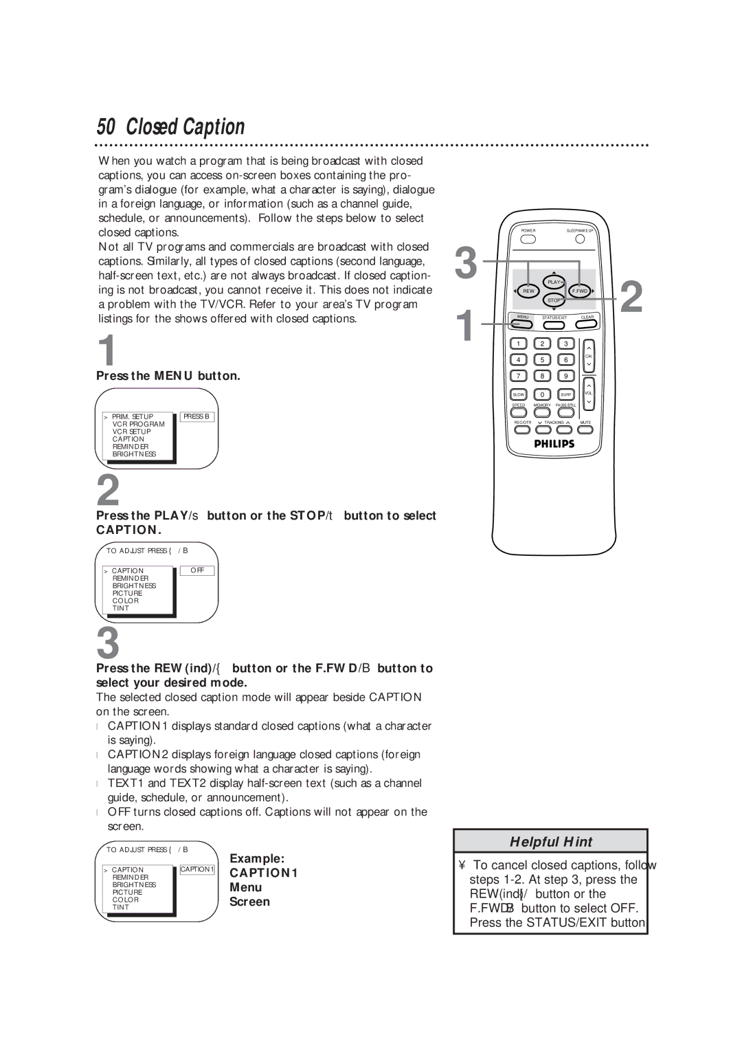 Magnavox CCB193AT owner manual Closed Caption, Example, Menu, Screen 