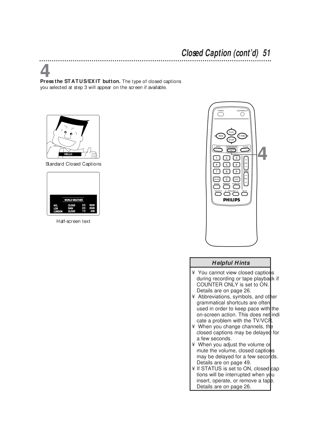 Magnavox CCB193AT owner manual Closed Caption cont’d, Standard Closed Captions 