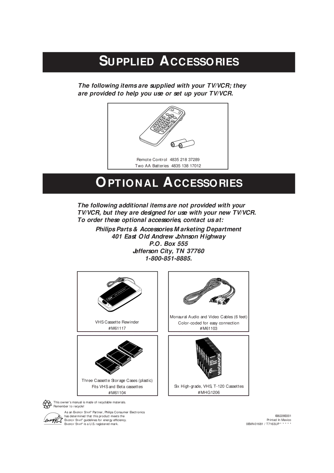 Magnavox CCB193AT owner manual Supplied Accessories 