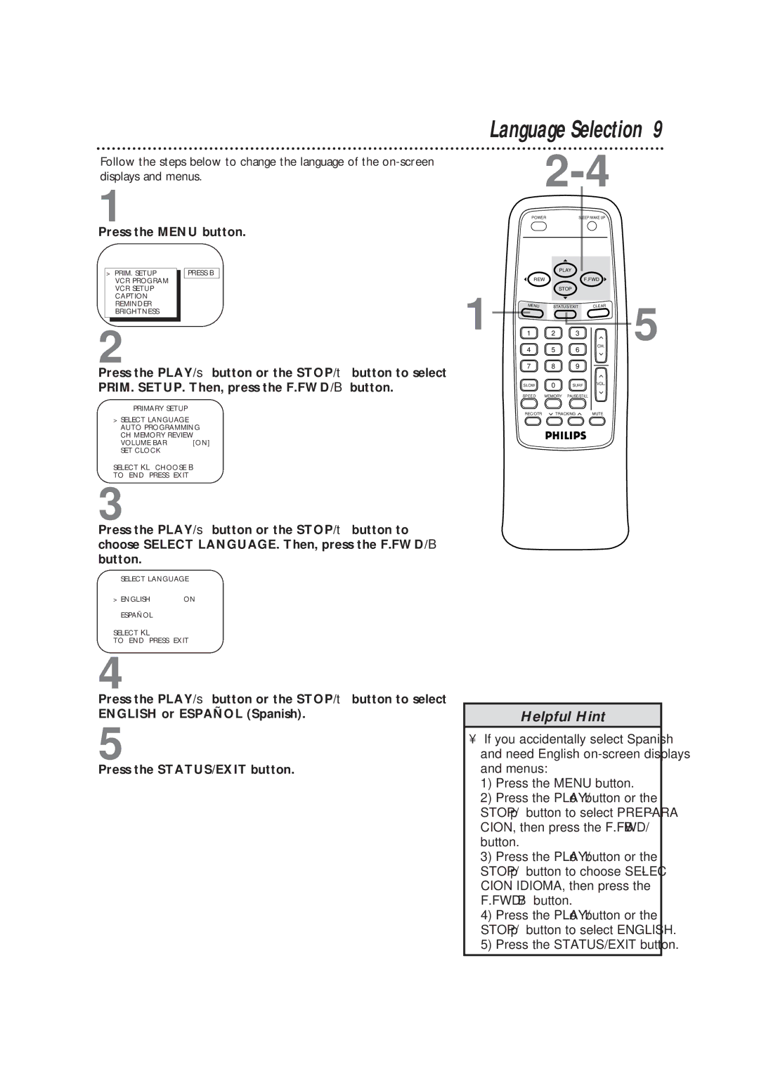 Magnavox CCB193AT owner manual Language Selection, Press the Menu button 