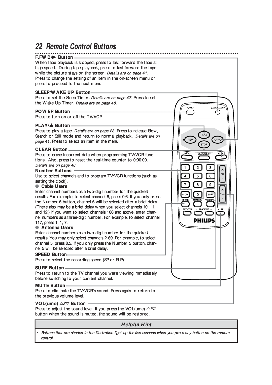 Magnavox CCB193AT owner manual Remote Control Buttons, Helpful Hint 