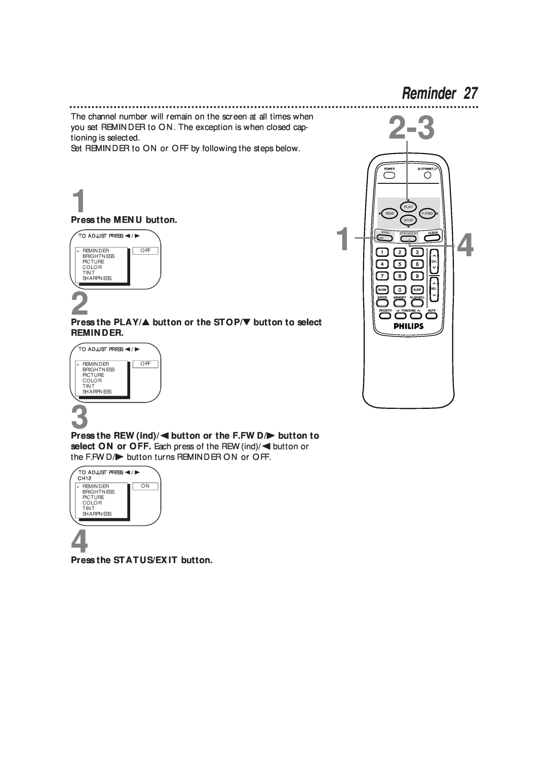 Magnavox CCB193AT owner manual Reminder, Set REMINDER to ON or OFF by following the steps below 