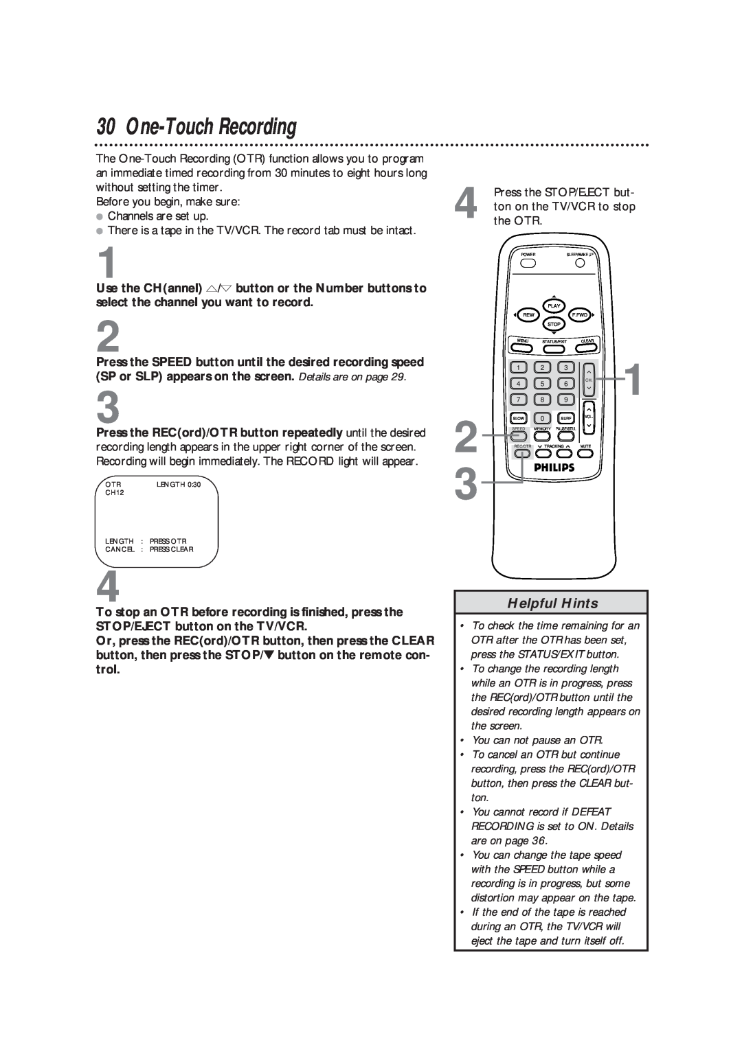 Magnavox CCB193AT owner manual One-Touch Recording, Helpful Hints, Before you begin, make sure Channels are set up, the OTR 