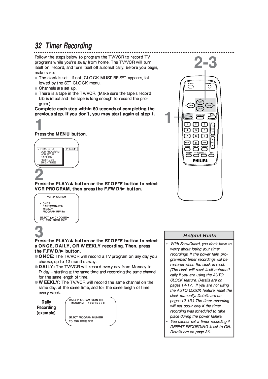 Magnavox CCB193AT owner manual Timer Recording, Helpful Hints, Recording example 