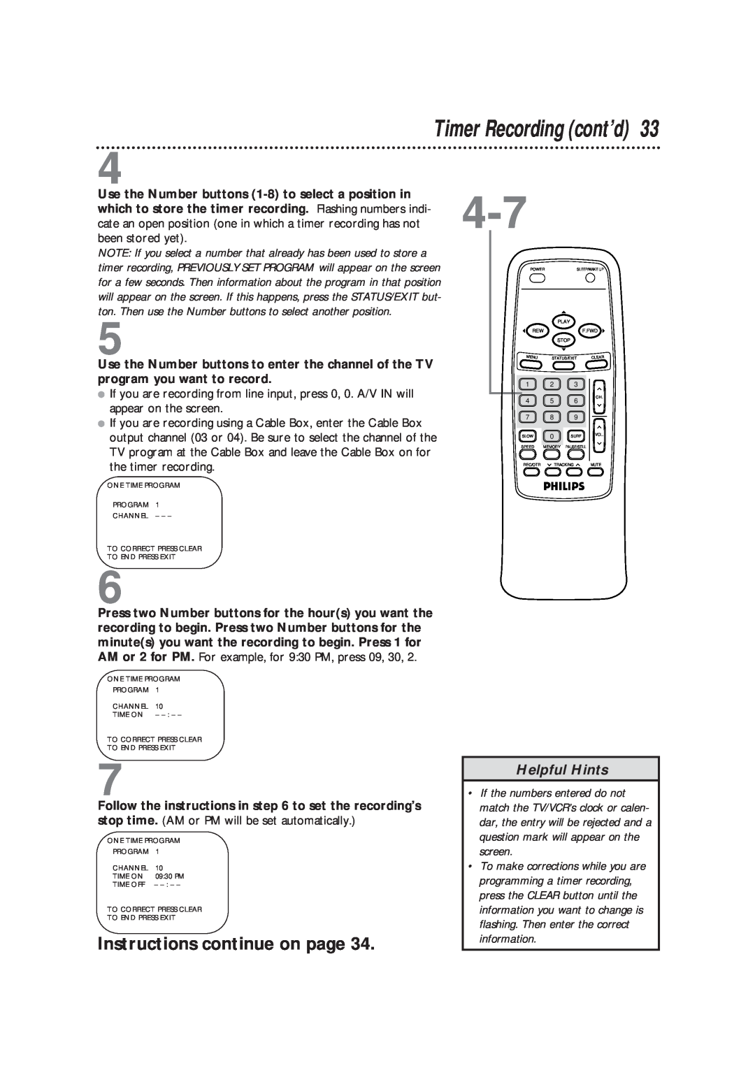Magnavox CCB193AT owner manual Timer Recording cont’d, Instructions continue on page, Helpful Hints, information 