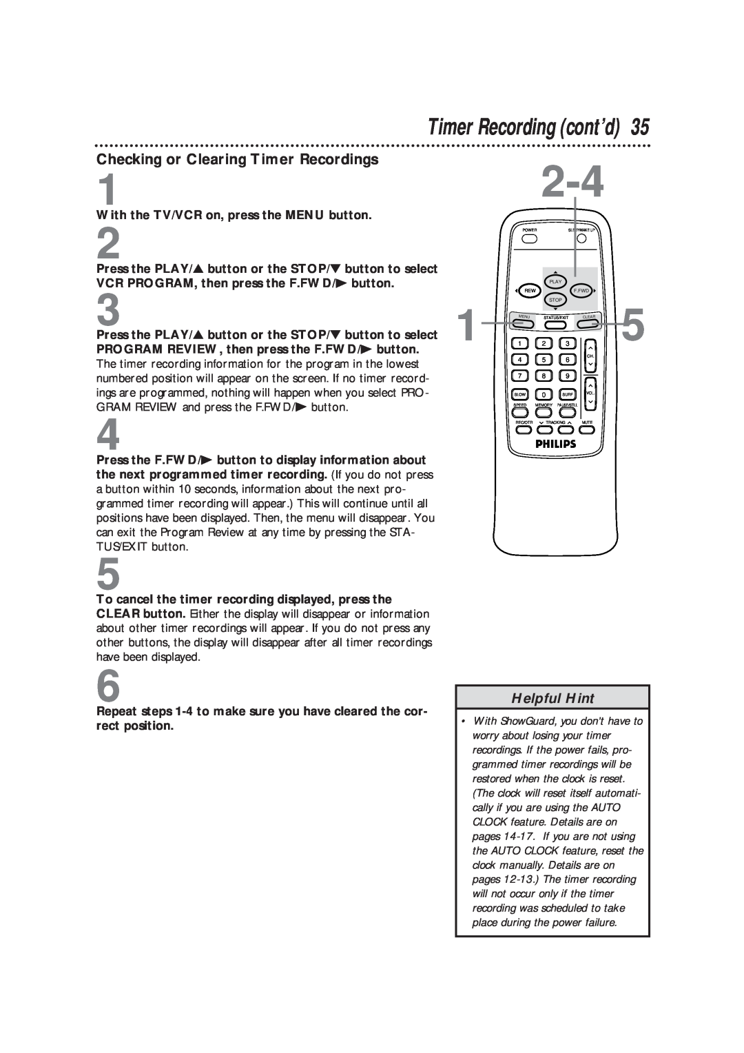 Magnavox CCB193AT owner manual Checking or Clearing Timer Recordings, Timer Recording cont’d, Helpful Hint 