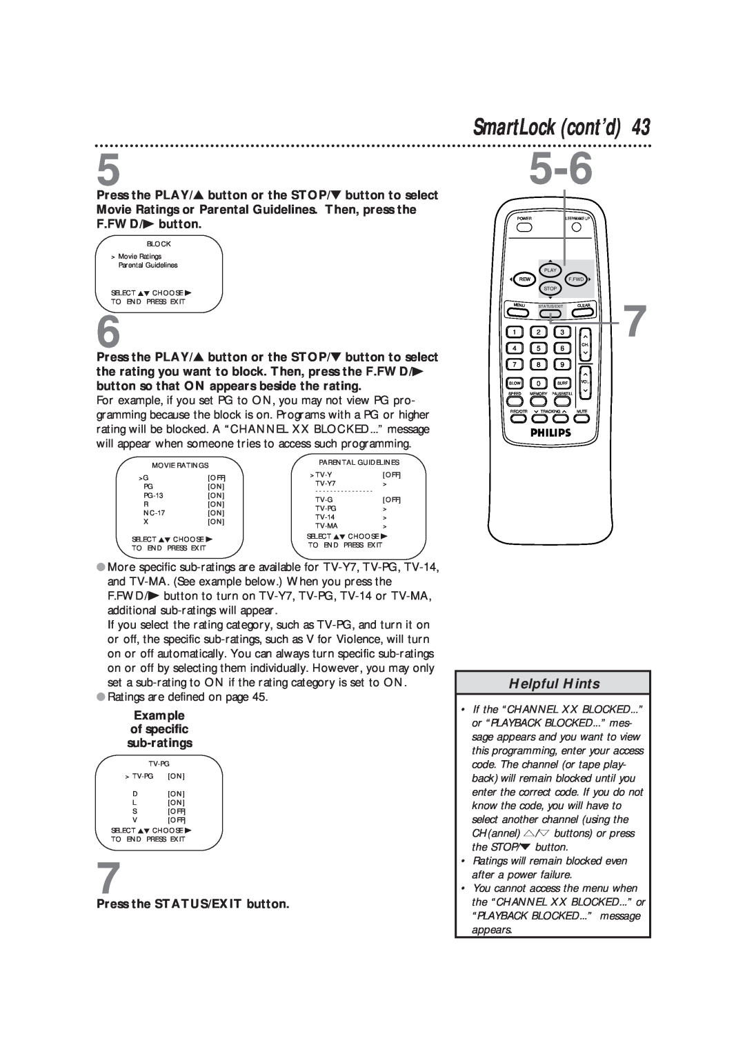 Magnavox CCB193AT owner manual SmartLock cont’d, Helpful Hints, Ratings are defined on page 