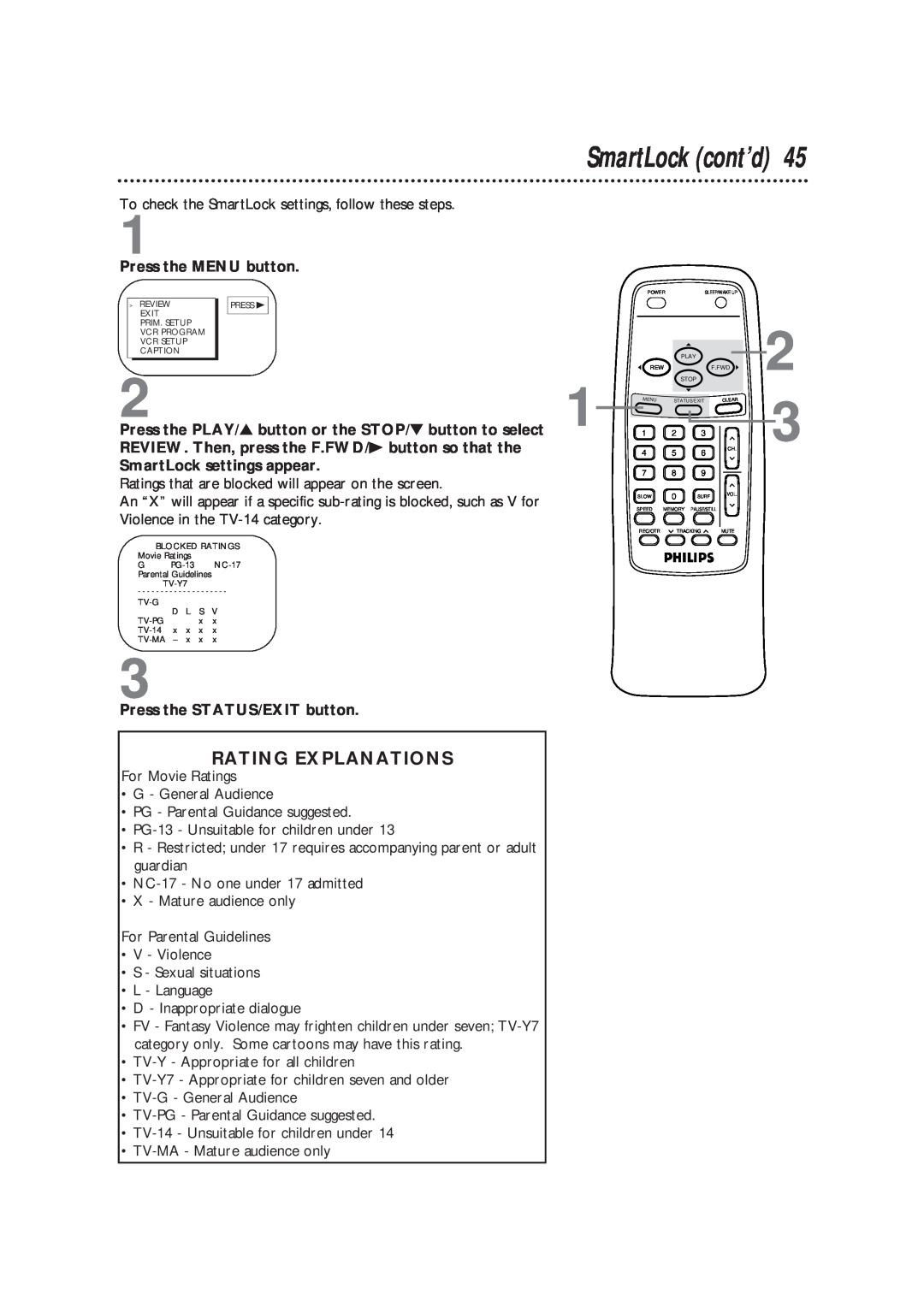 Magnavox CCB193AT owner manual Rating Explanations, SmartLock cont’d 