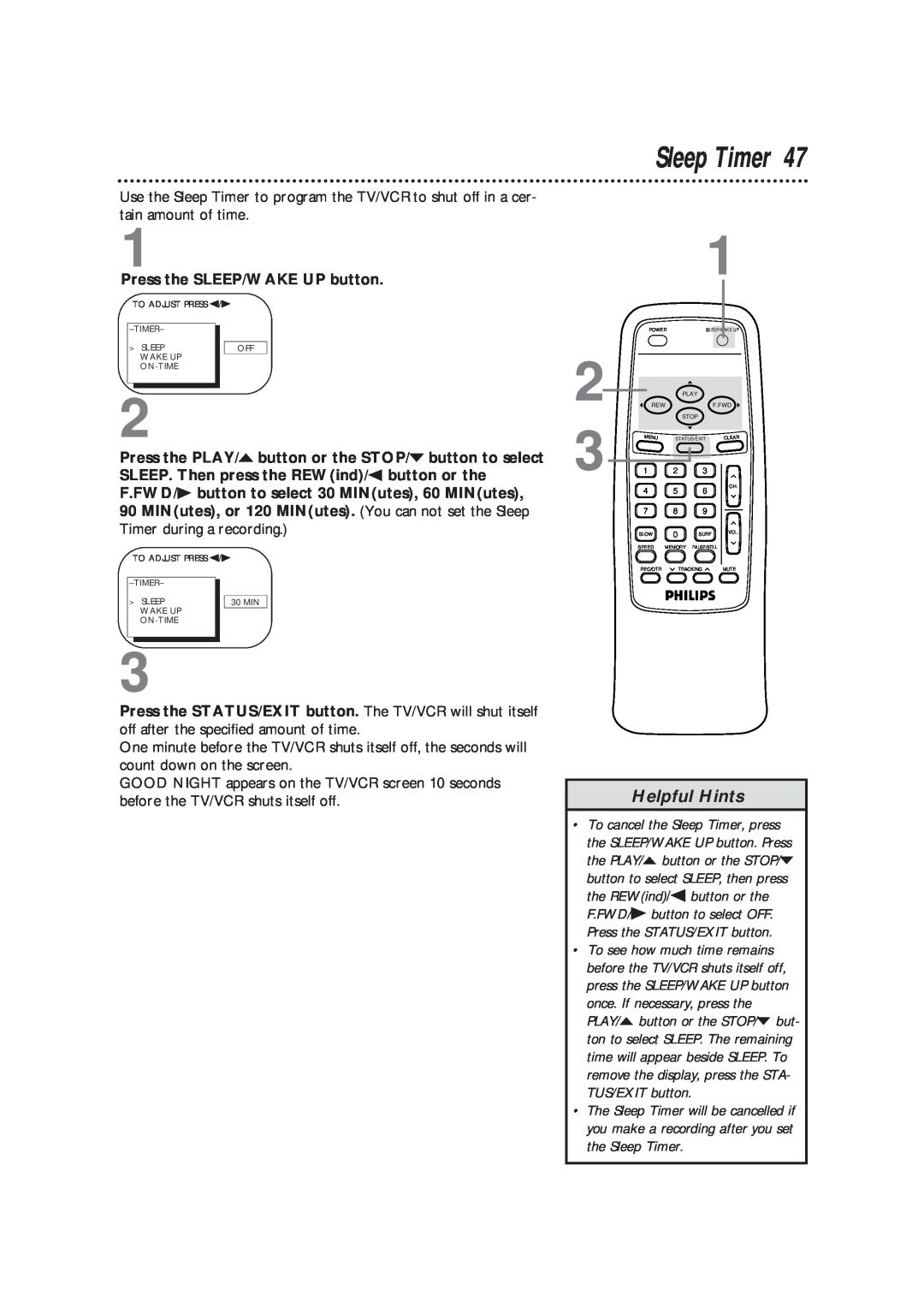 Magnavox CCB193AT owner manual Helpful Hints, the Sleep Timer 