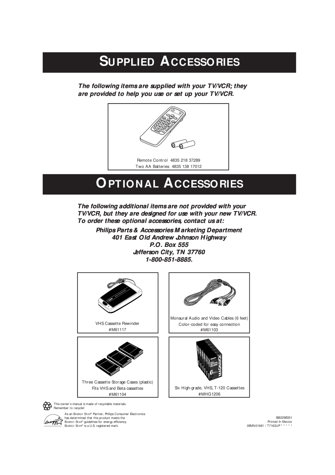 Magnavox CCB193AT owner manual Philips Parts & Accessories Marketing Department, Supplied Accessories, Optional Accessories 