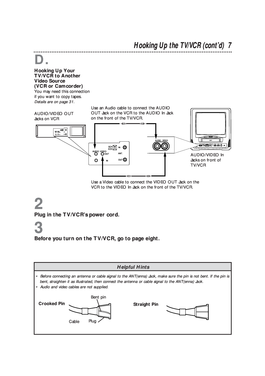 Magnavox CCB193AT owner manual Hooking Up the TV/VCR cont’d, Plug in the TV/VCR’s power cord, Helpful Hints 