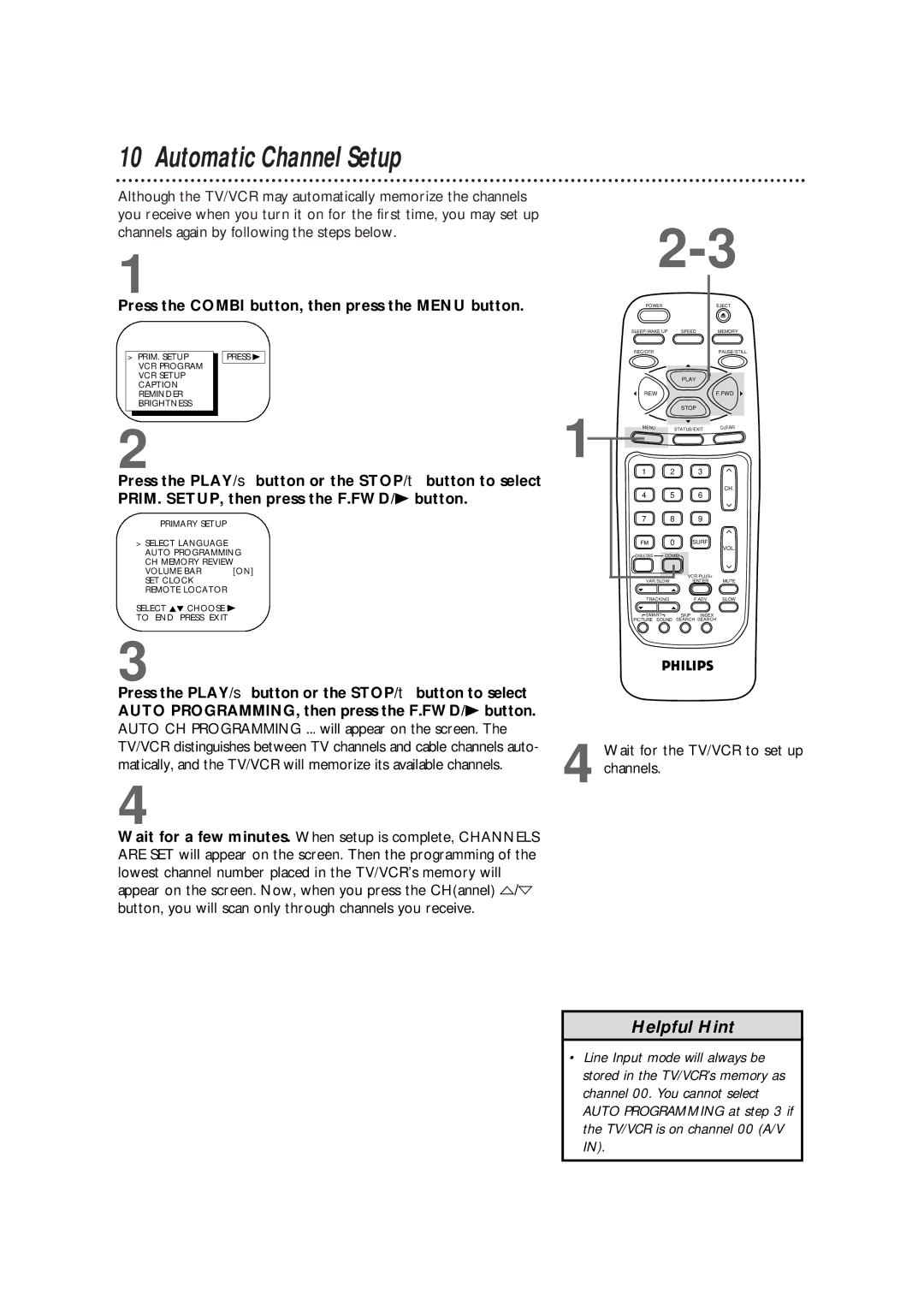 Magnavox CCB255AT owner manual Automatic Channel Setup, Wait for the TV/VCR to set up channels 