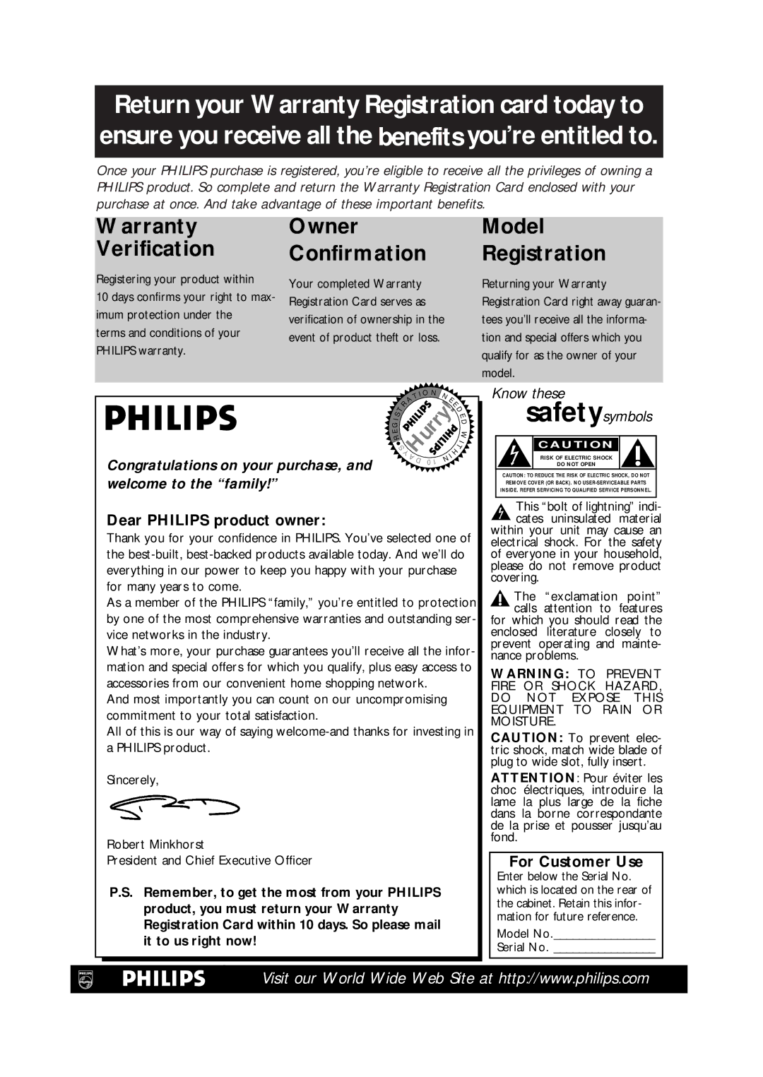 Magnavox CCB255AT Dear Philips product owner, For Customer Use, This bolt of lightning indi- cates uninsulated material 