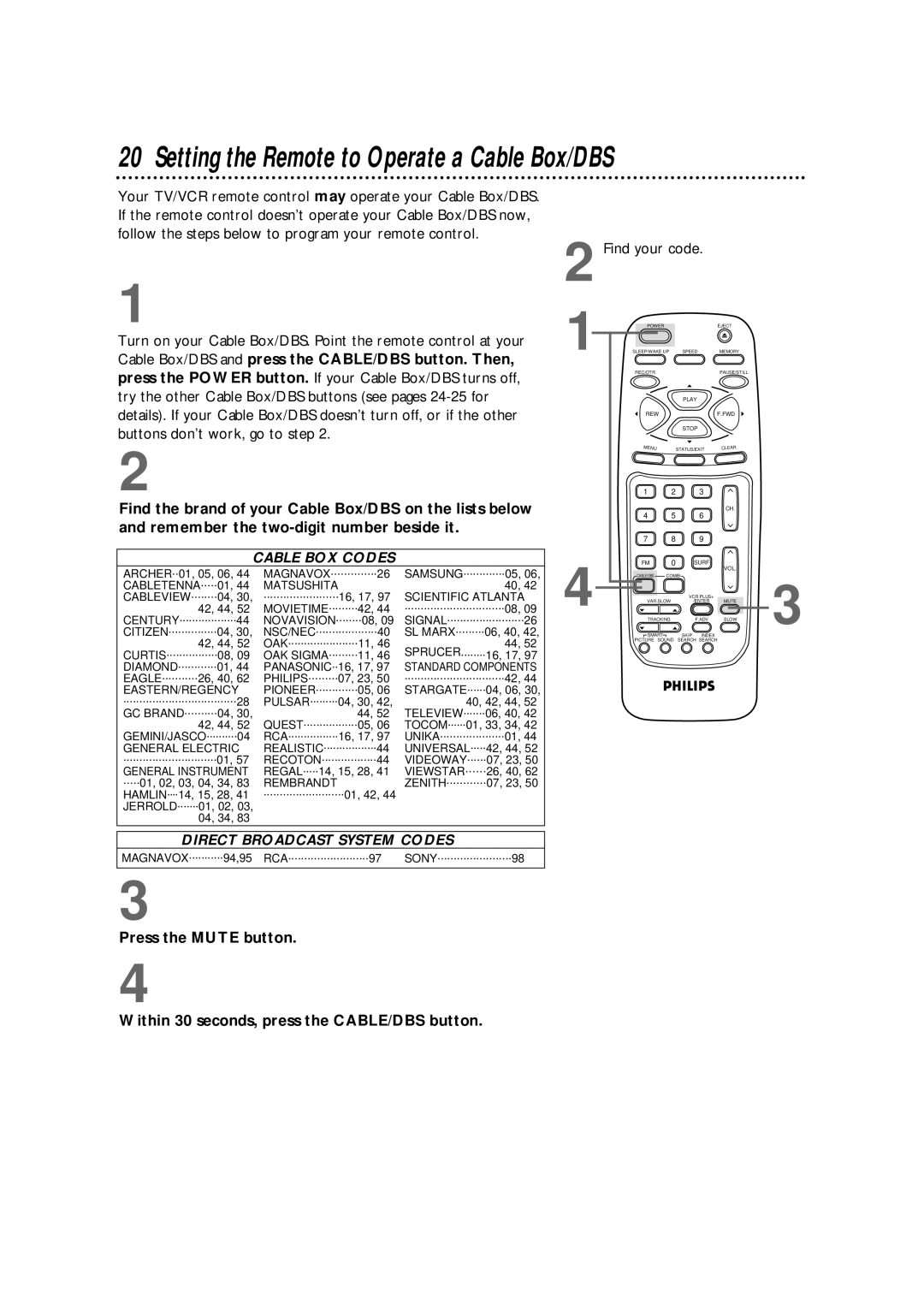 Magnavox CCB255AT owner manual Setting the Remote to Operate a Cable Box/DBS, Cable BOX Codes 