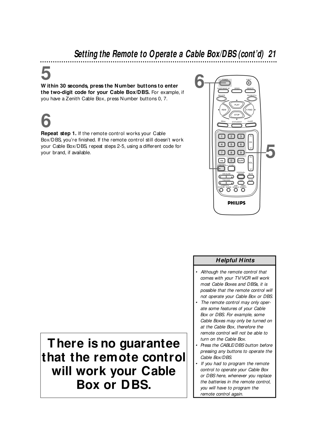 Magnavox CCB255AT owner manual Setting the Remote to Operate a Cable Box/DBS cont’d 