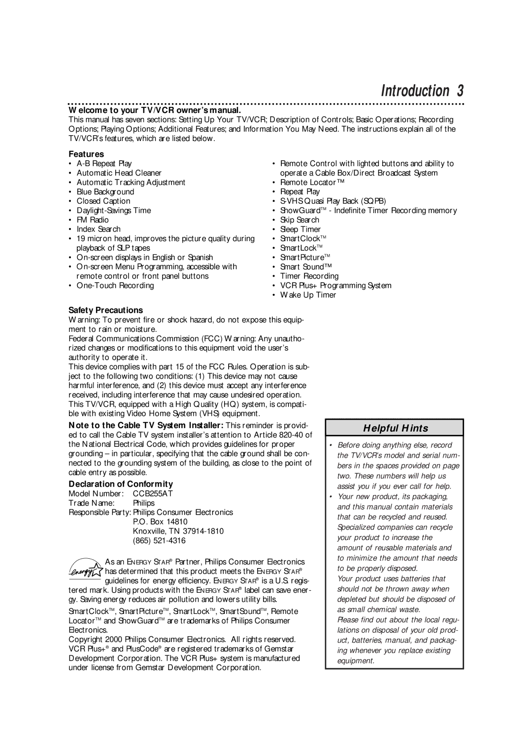 Magnavox CCB255AT owner manual Introduction, Features, Safety Precautions, Declaration of Conformity 