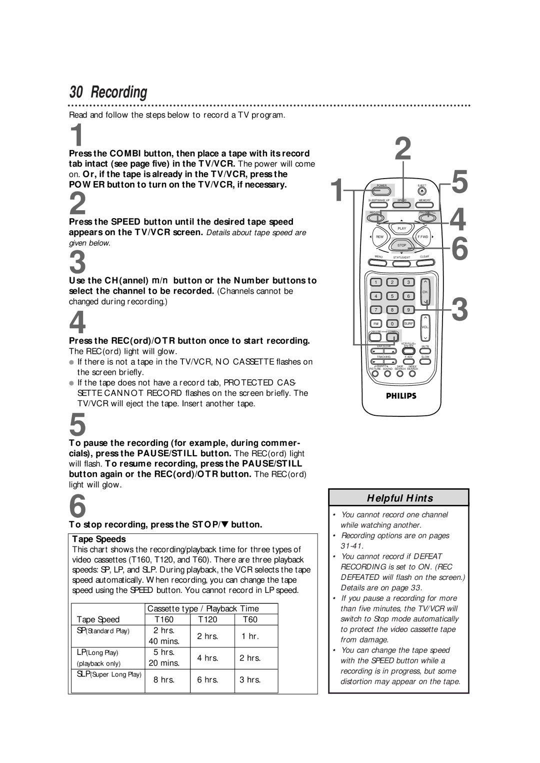 Magnavox CCB255AT owner manual Recording, Power button to turn on the TV/VCR, if necessary 