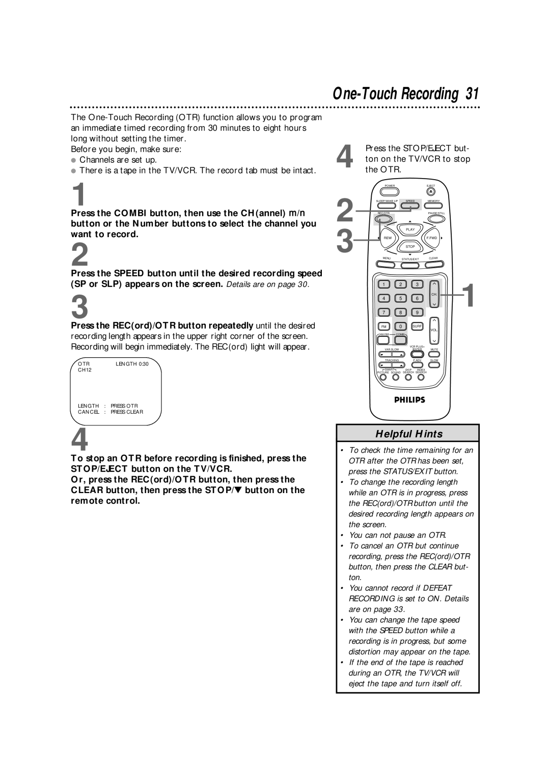 Magnavox CCB255AT owner manual One-Touch Recording, Otr 