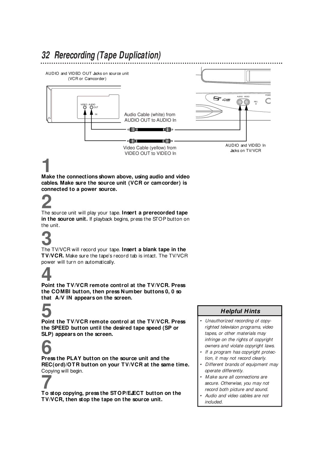 Magnavox CCB255AT owner manual Rerecording Tape Duplication, Different brands of equipment may operate differently 