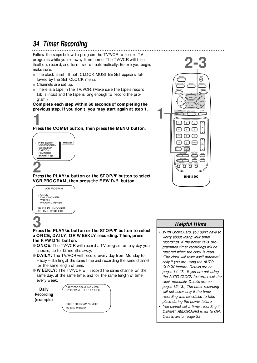 Magnavox CCB255AT owner manual Timer Recording, Lowed by the SET Clock menu, Daily 