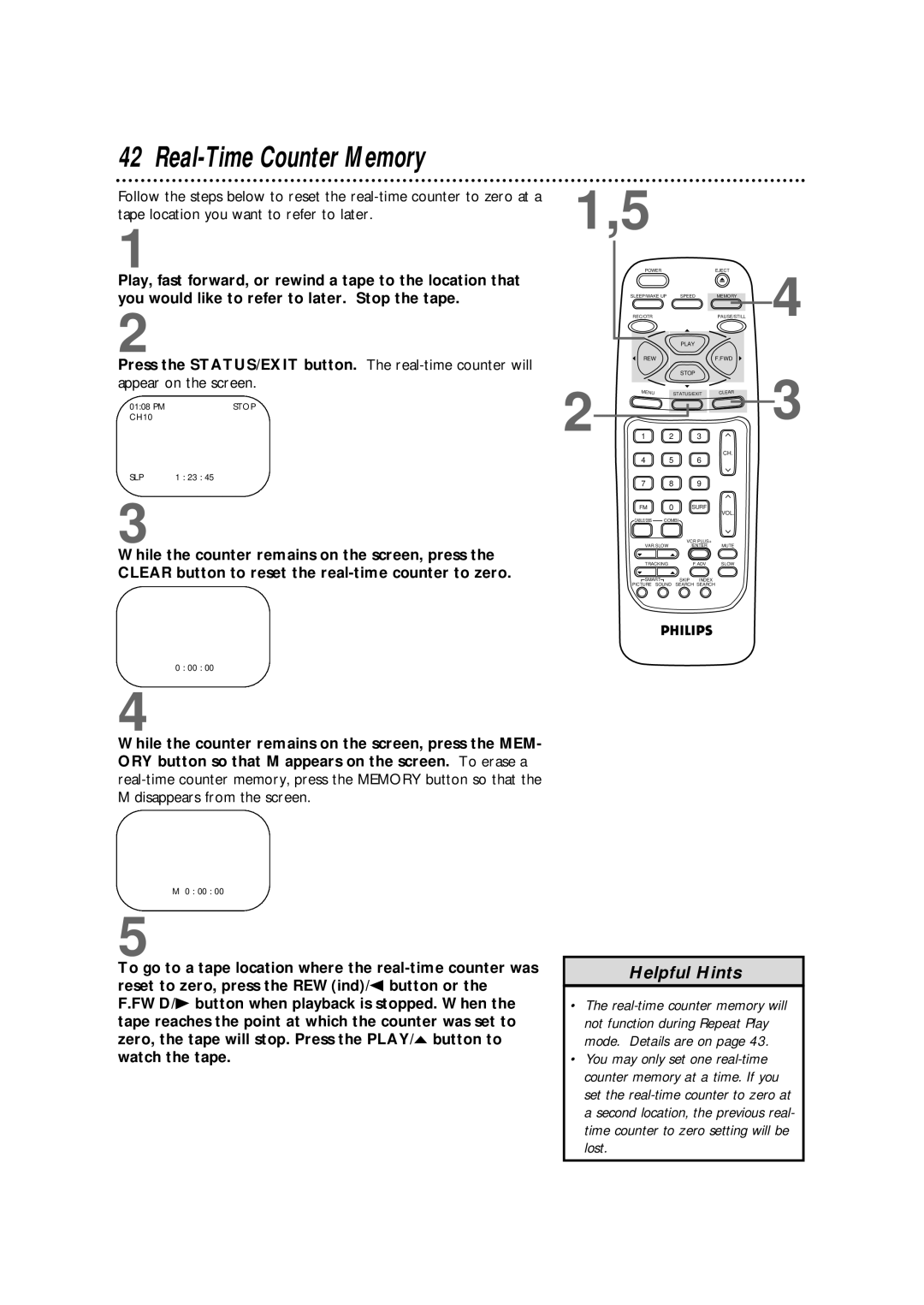 Magnavox CCB255AT owner manual Real-Time Counter Memory, Appear on the screen 