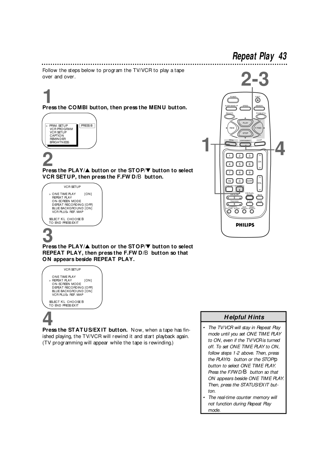 Magnavox CCB255AT owner manual Repeat Play, ON-SCREEN Mode Defeat Recording OFF 