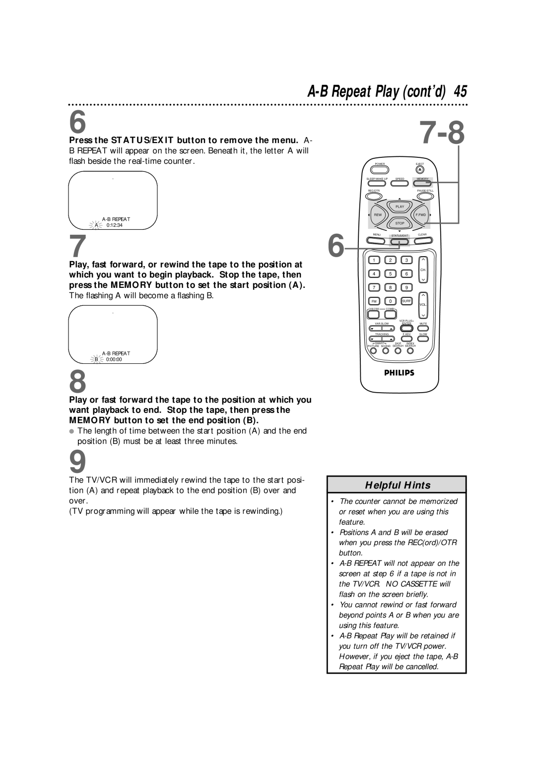 Magnavox CCB255AT owner manual Repeat Play cont’d, Flashing a will become a flashing B 