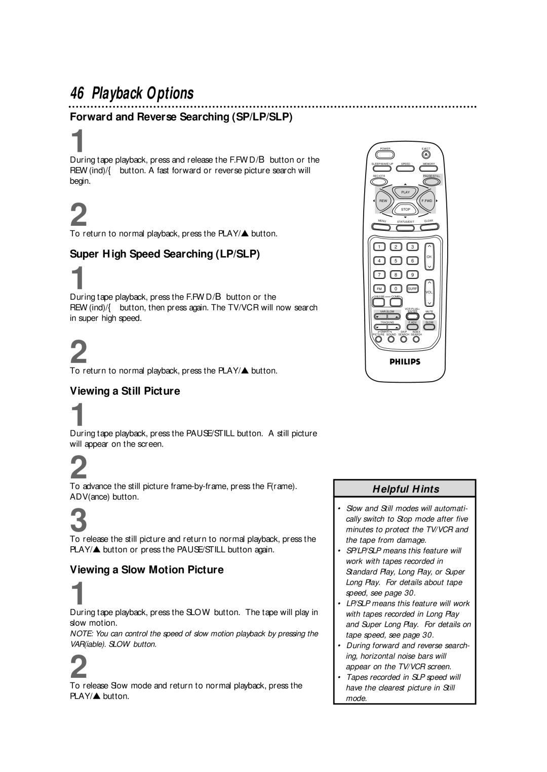 Magnavox CCB255AT owner manual Playback Options, Forward and Reverse Searching SP/LP/SLP, Super High Speed Searching LP/SLP 