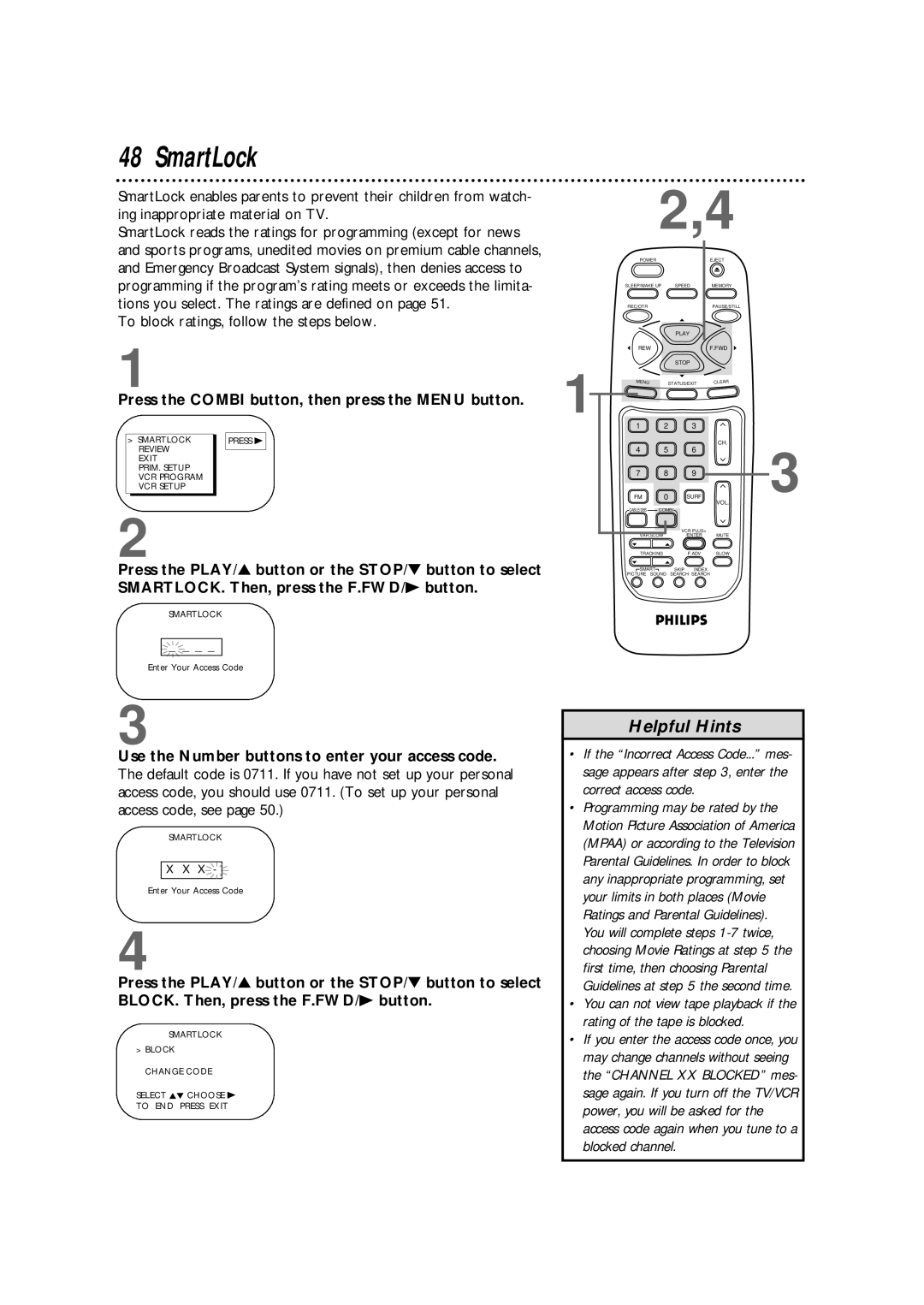 Magnavox CCB255AT owner manual SmartLock, To block ratings, follow the steps below 