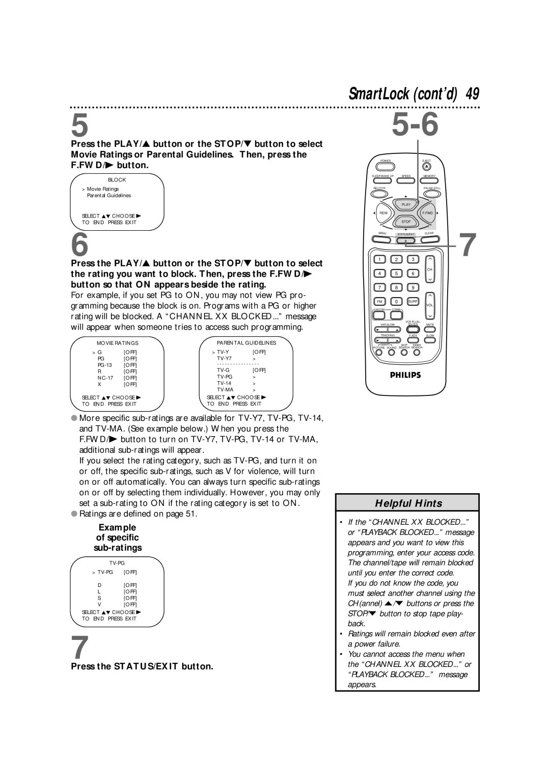 Magnavox CCB255AT owner manual SmartLock cont’d, Ratings are defined on, Example Specific Sub-ratings 