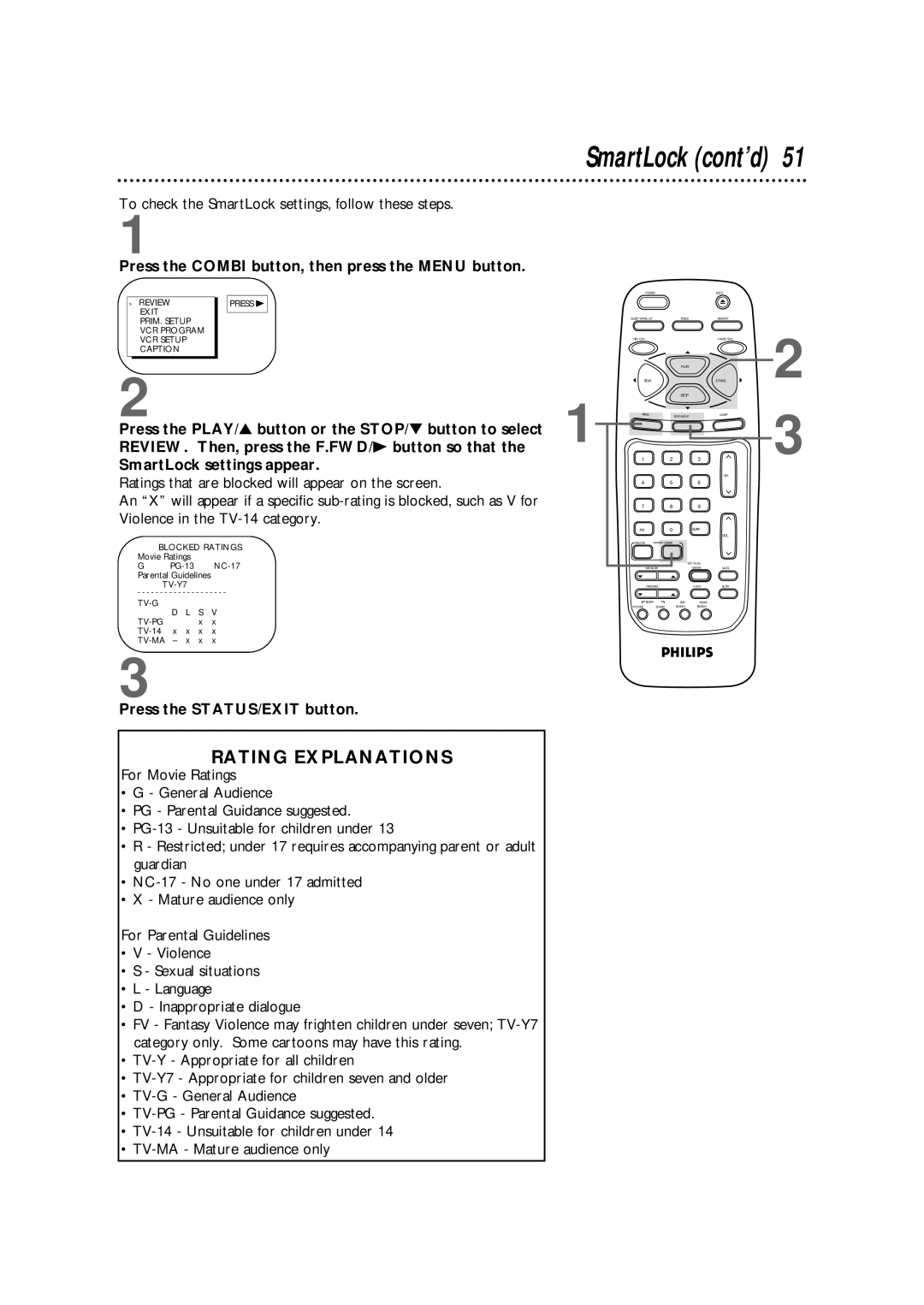 Magnavox CCB255AT owner manual To check the SmartLock settings, follow these steps, TV-Y7 