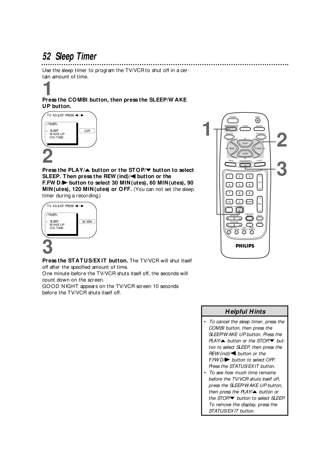 Magnavox CCB255AT Sleep Timer, Press the Combi button, then press the SLEEP/WAKE UP button, Timer during a recording 