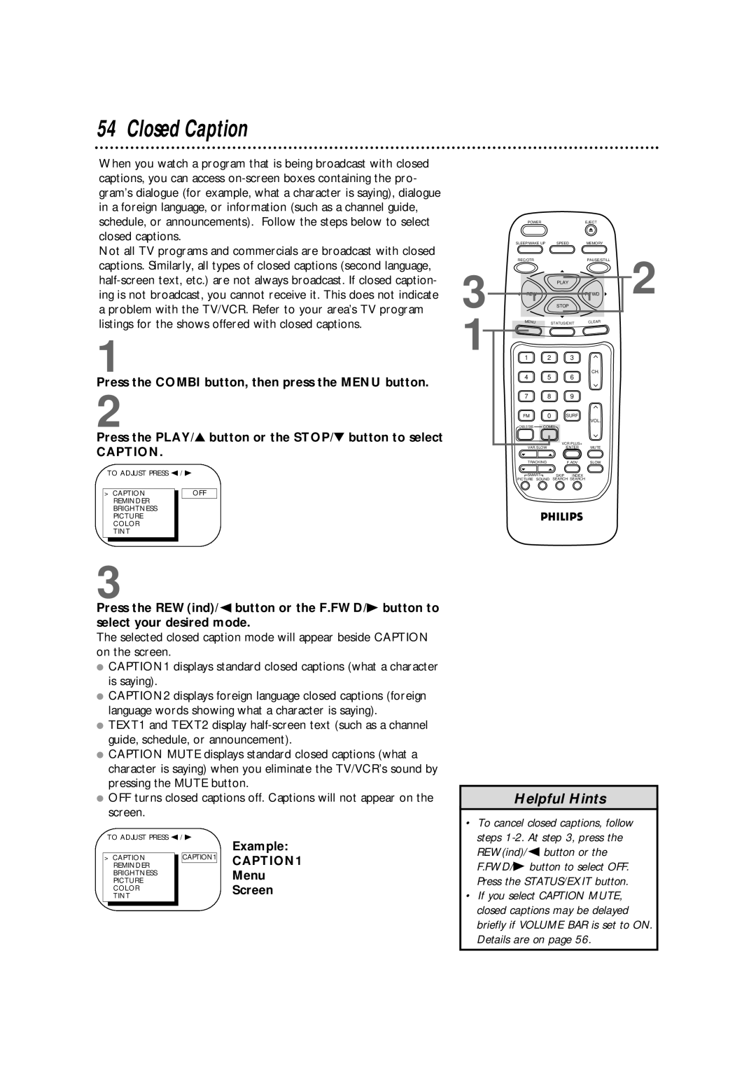 Magnavox CCB255AT owner manual Closed Caption, Example, Menu, Screen 