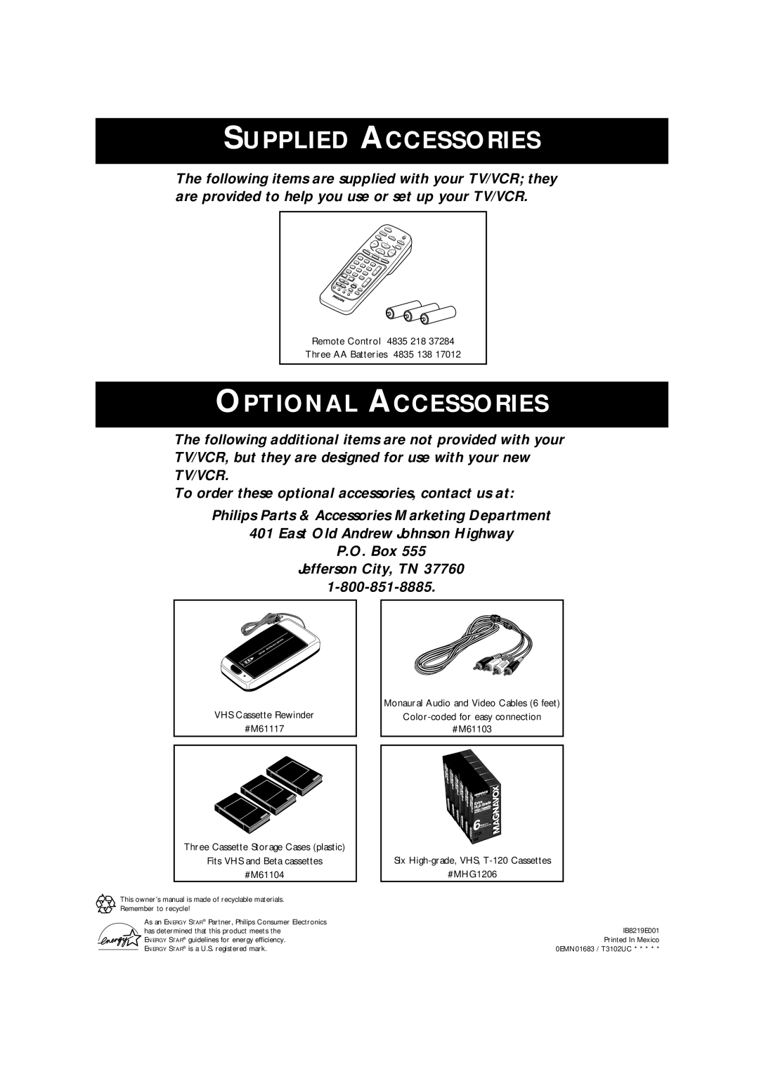 Magnavox CCB255AT owner manual Supplied Accessories 