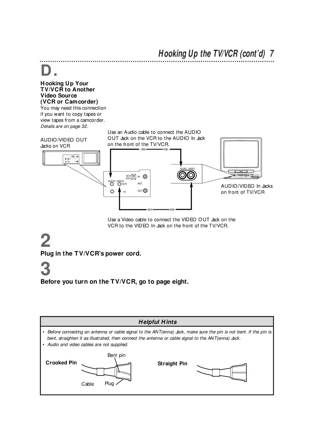 Magnavox CCB255AT owner manual Hooking Up the TV/VCR cont’d, Jacks on VCR, Bent pin, Crooked Pin Straight Pin, Cable Plug 