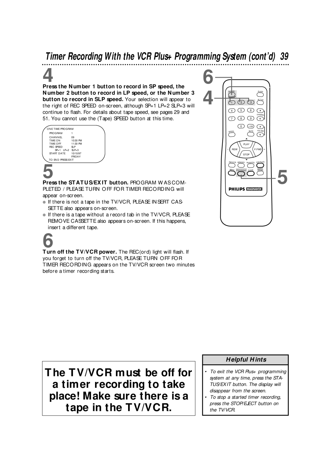 Magnavox CCX133AT99 warranty Timer Recording With the VCR Plus+ Programming System cont’d 