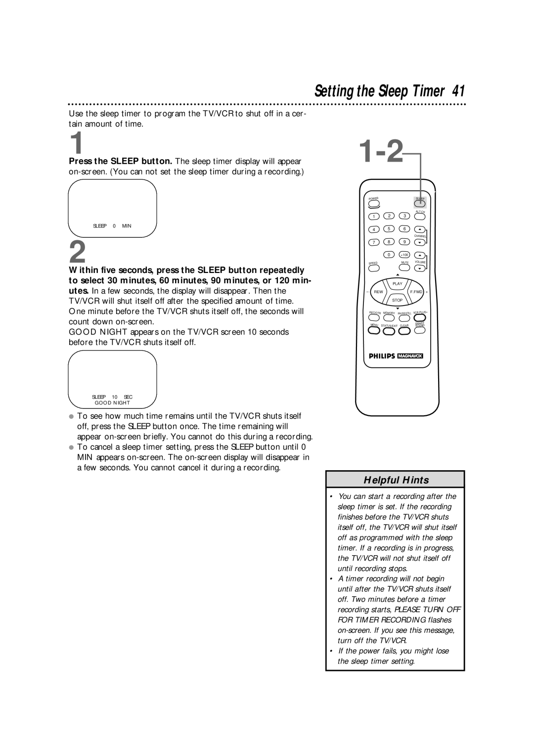 Magnavox CCX133AT99 warranty Setting the Sleep Timer, If the power fails, you might lose the sleep timer setting 