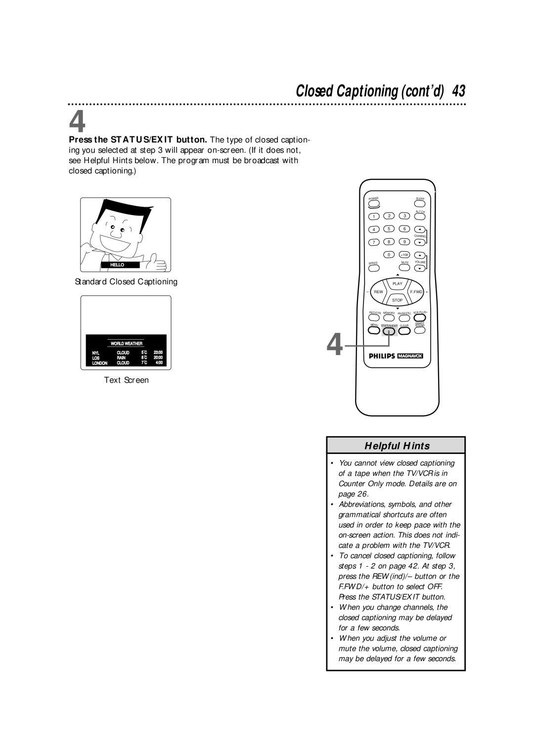 Magnavox CCX133AT99 warranty Closed Captioning cont’d, Standard Closed Captioning, Text Screen 