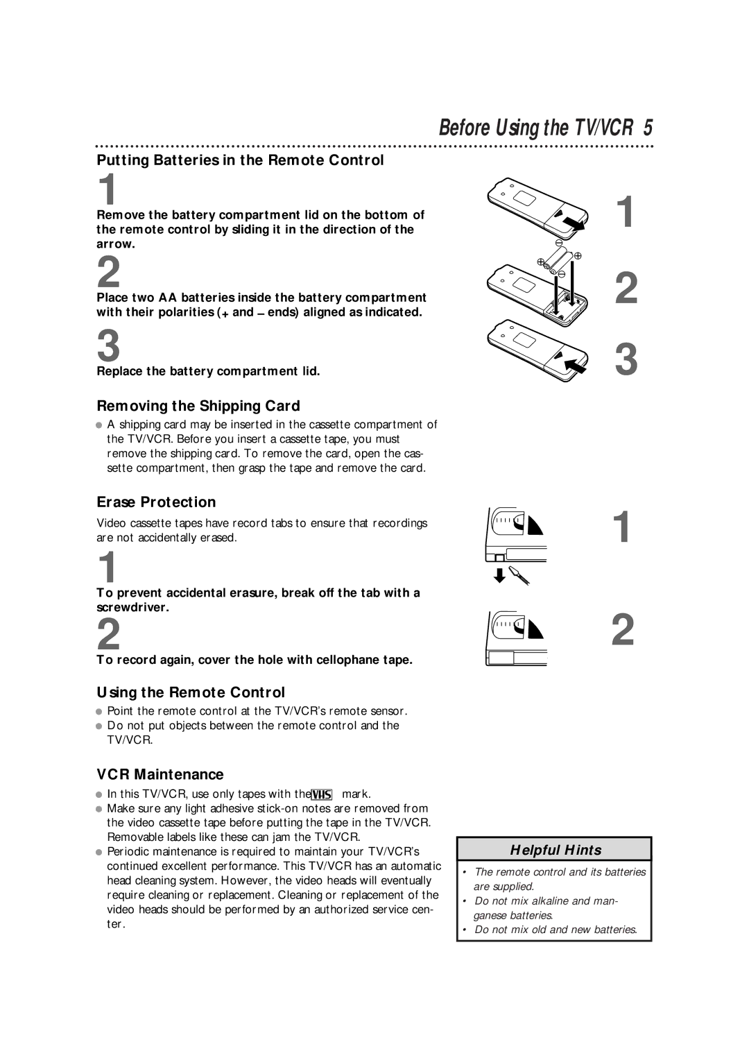 Magnavox CCX133AT99 Putting Batteries in the Remote Control, Removing the Shipping Card, Erase Protection, VCR Maintenance 