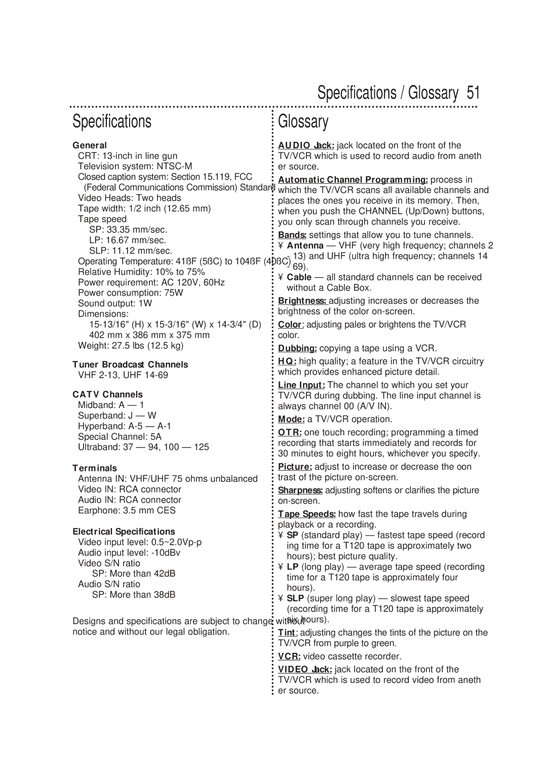 Magnavox CCX133AT99 warranty Specifications, Glossary 